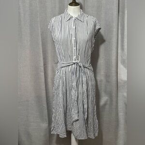 Max Studio Rayon Blend Dress-Sz M-Blue/White Striped-6 Button Front-Tie Detail